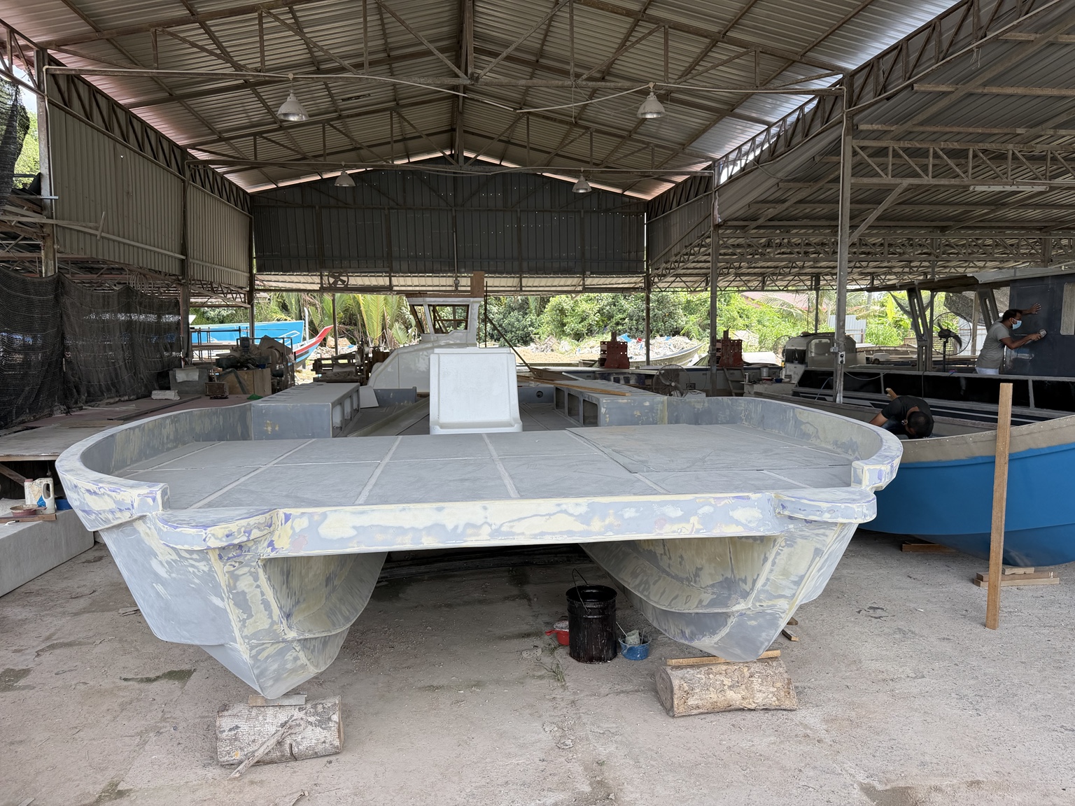 Catamaran hull and wide deck structure under construction